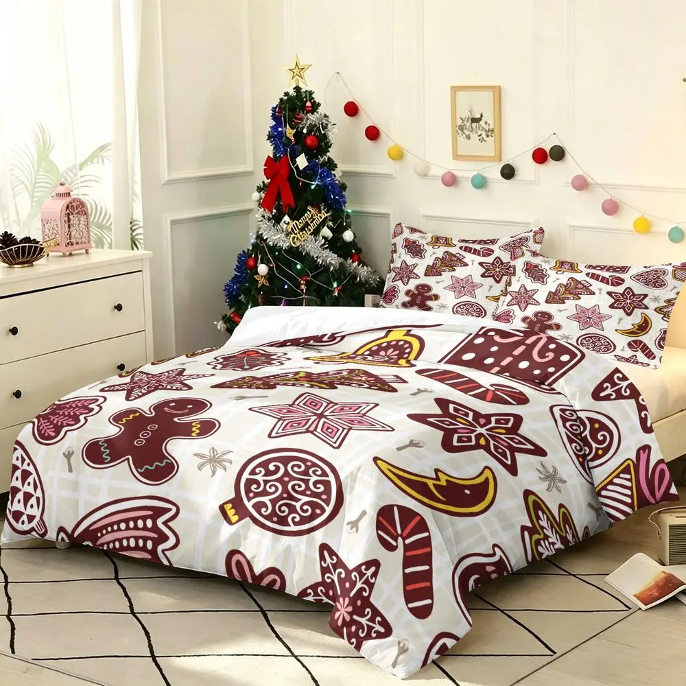 2/3Pcs Christmas Gingerbread Man Bedding Set, Holiday Festive Duvet Cover Set, Cute Cookie Print Duvet Cover with Matching Pillowcase, Soft Winter Bedding for Kids Bedroom Decor No Fillers