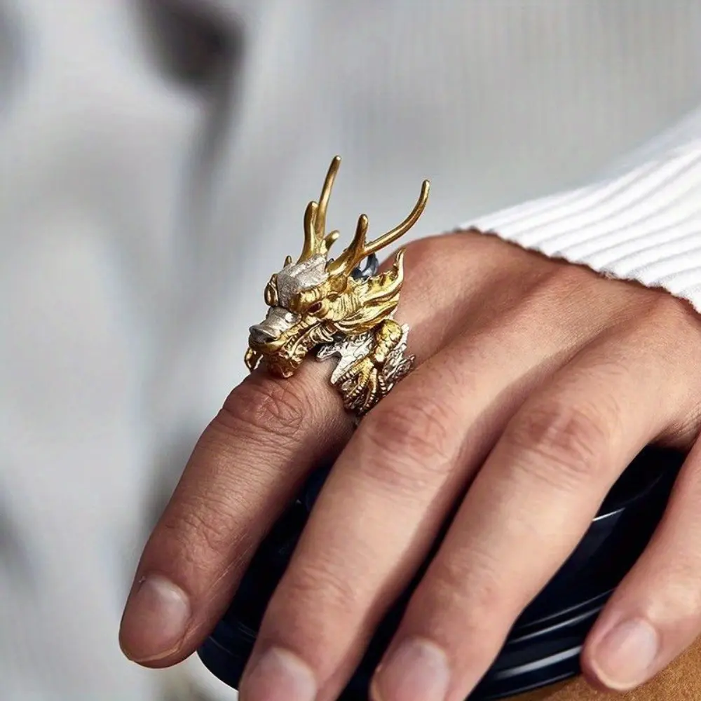 Vintage Gold Open Dragon Ring for Men, Bold Trendy Dragon Statement Band, Cool Fashion Party Jewelry Accessory for Guys