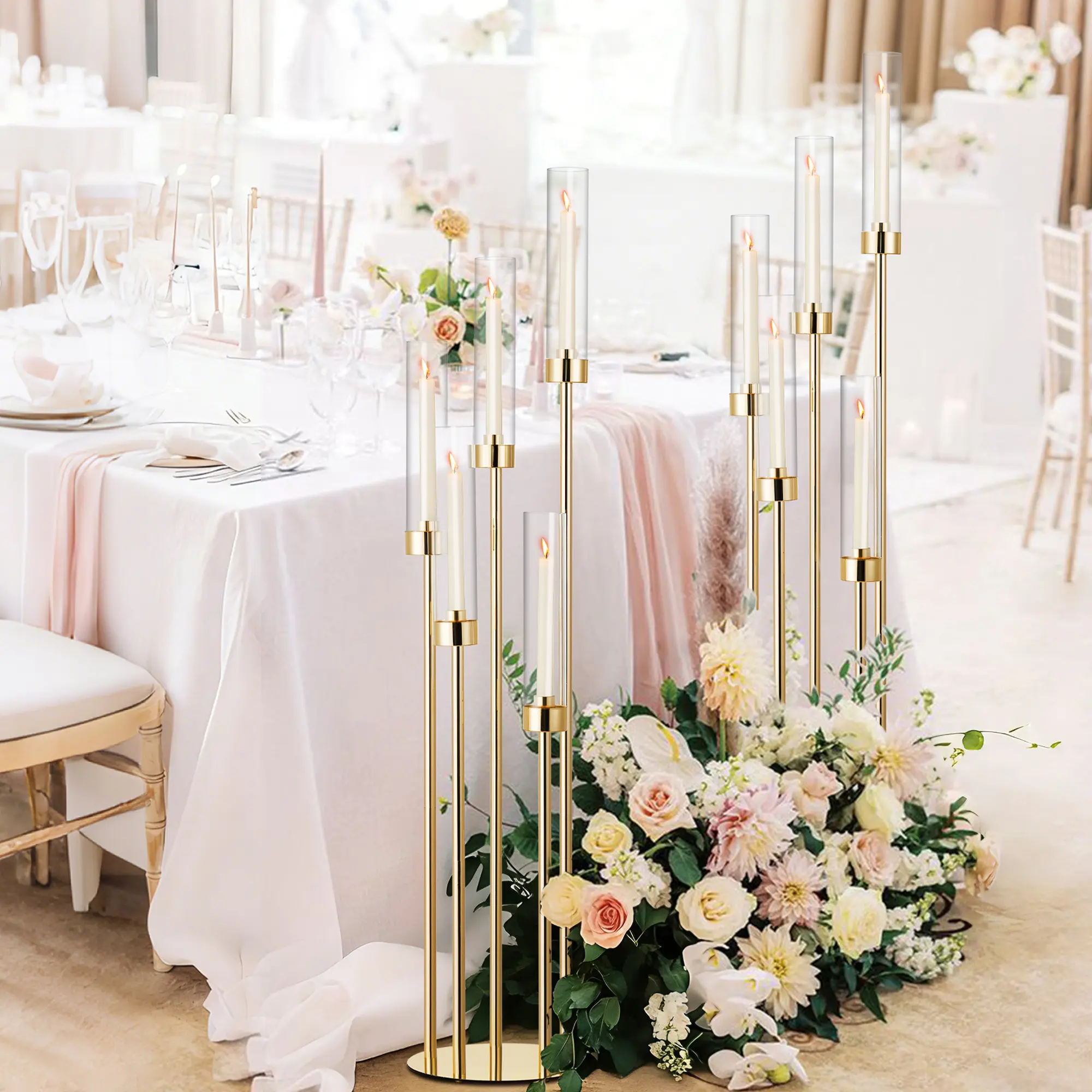 42.5" Tall Metal Candle Holder Centerpiece with Removable Acrylic Shades, Elegant Gold Taper Candle Stand for Wedding Tables, Party & Home Decor, Floor Candelabra for Ceremony & Dining Room