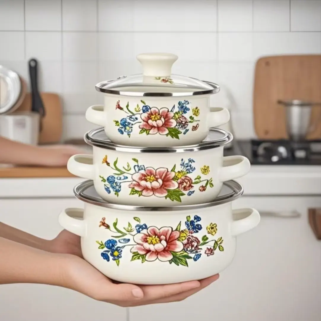 1set Multi-Functional Enamel Cookware Set, Three Pieces with Glass Lids and Floral Design, Mini Soup Pot, Side Dish Bowl, Kitchen Utensils