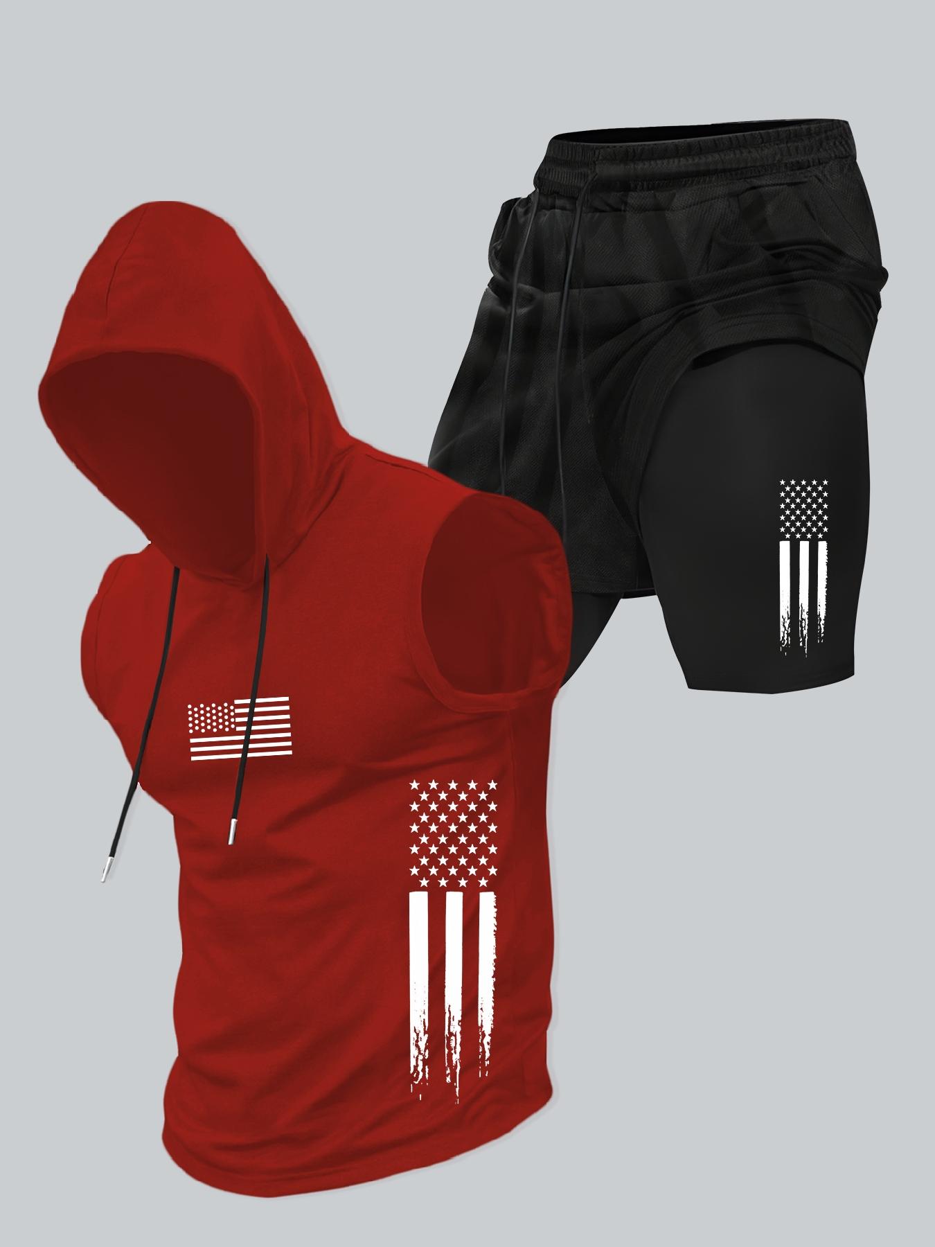 Two-Piece Set Men's American Flag Print Hooded Tank Top & Shorts Set, Regular Fit Casual Athletic Fashion Activewear Sleeveless Top & Shorts, Men's Summer Clothes
