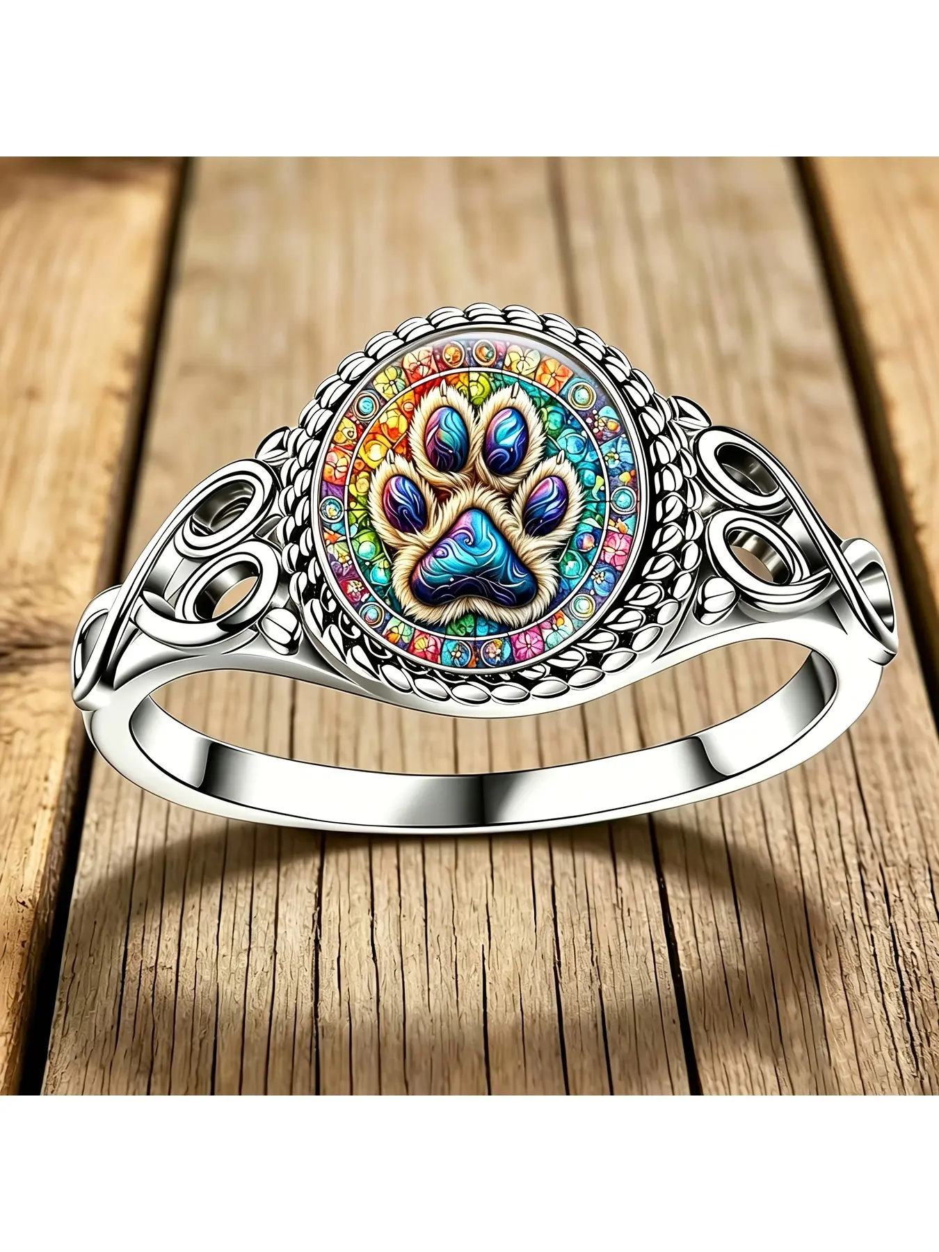 Vintage hollow colored glass cat paw round ring for ladies. Rainbow pet paw print pattern jewelry. Gift and decoration item for pet lovers.