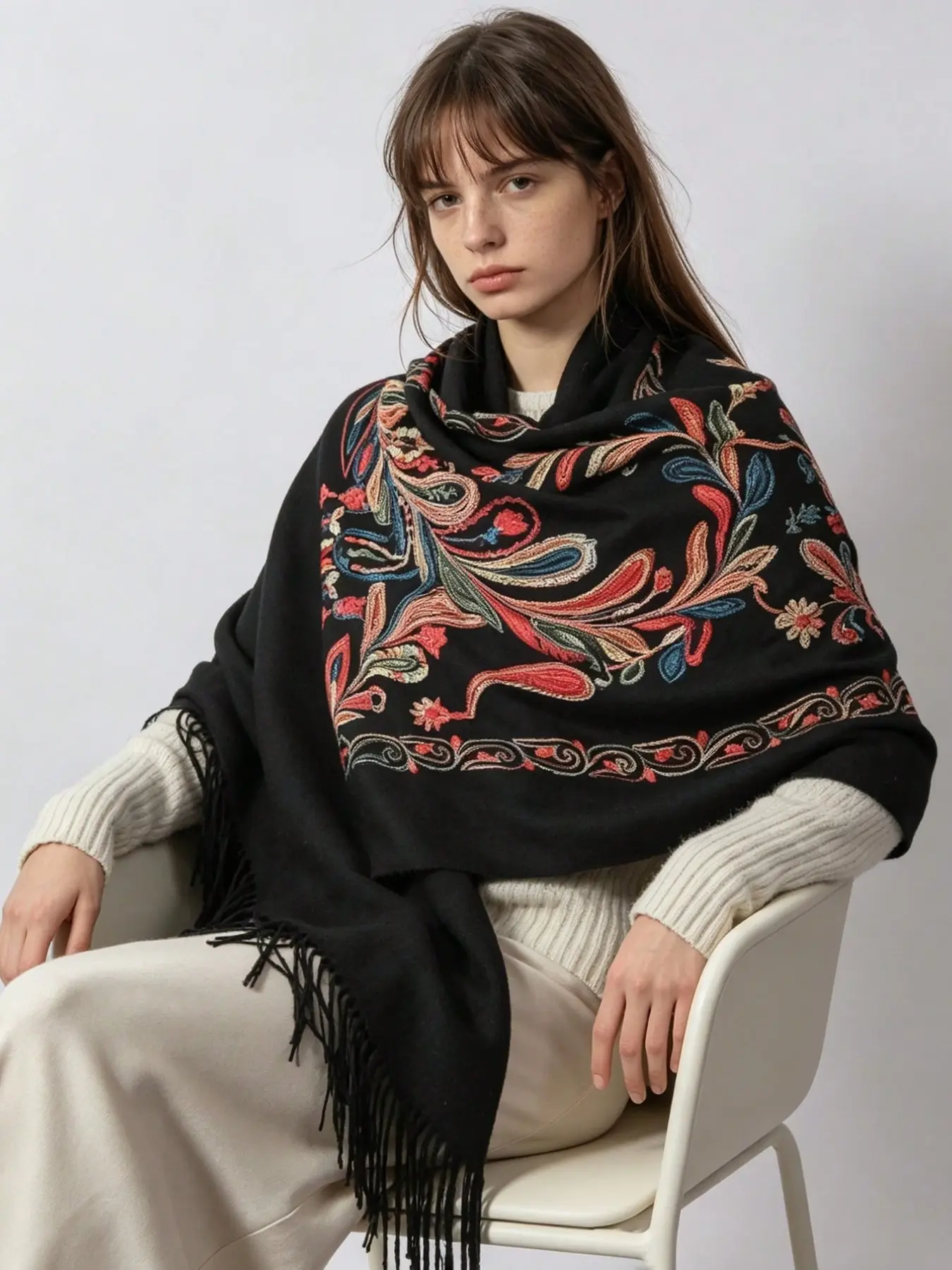 Vintage Feather Floral Embroidered Tassel Scarf, Thickened Wool Blend Winter Wrap, Elegant Long Scarf for Gifting, Warm Shawl for Fall & Winter