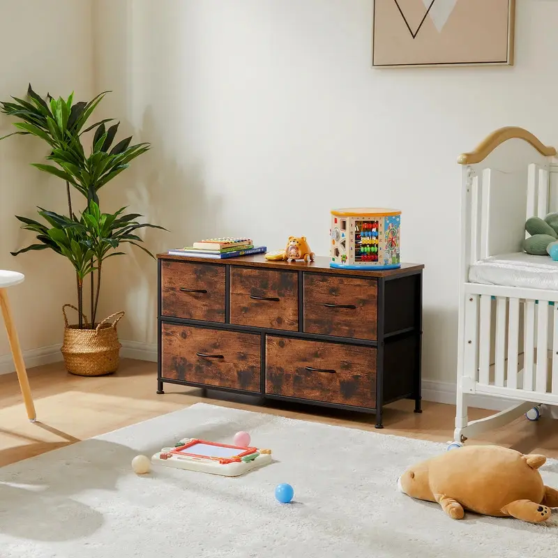 Aobtkel Classic 5-Drawer Fabric Dresser - Steel Frame, MDF Board, Anti-Topple, Easy Setup, 66 lbs Capacity, Deep Drawers, Top for Daily Items, Indoor Storage for Bedroom Baby/Children’s Nursery