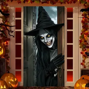 1 piece, made of polyester material, featuring a creepy and terrifying witch image with an evil smile. Door frame decoration banner - suitable for Halloween dress up, party celebration decoration, room, porch decoration, etc