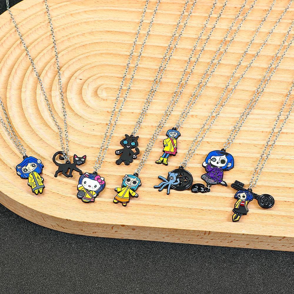 Ghost Mother Necklace Collection - Coraline Black Cat and Buttonhole Pendant, Tim Burton Gothic Jewelry