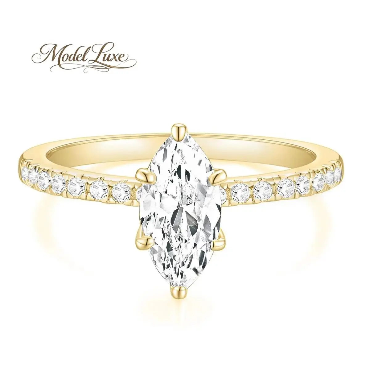 ModelLuxe 14K Gold Plated Engagement Ring for Women 2CT Marquise Cut Cubic Zirconia Wedding Band CZ Promise Anniversary Ring
