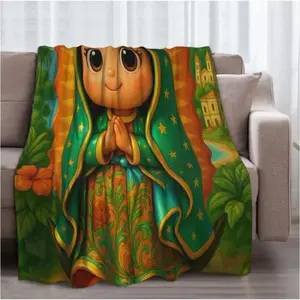 Chibi Our Lady of Guadalupe Tropical Scenery Flannel Throw Blanket, Cute Cartoon Virgin Mary Praying Green Star Mantle Soft Fleece Blanket