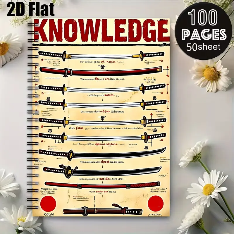 1 Japanese Samurai Sword Knowledge Spiral Coil Notebook, 5.7x8.26 inch, Vintage Design with Katana Illustrations, Perfect for School Study, Office Work, Anime Fans Collection, Birthday Gift for History Enthusiasts, Christmas Present for Sword Lovers