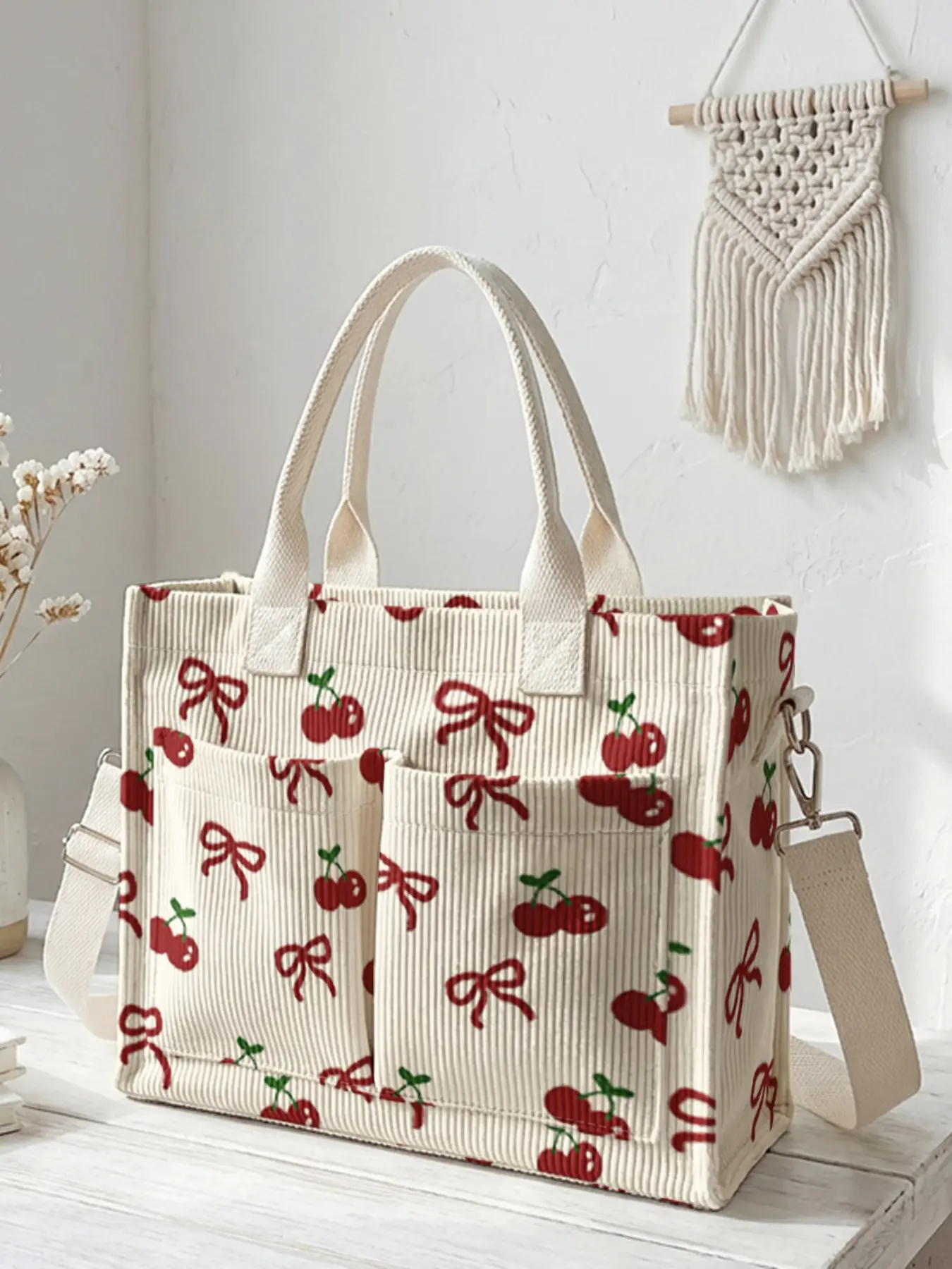 Creative Cherry Bow Print Travel Bag, Lightweight Large Capacity Durable Crossbody Shoulder Bag, Multi-Pocket Design for Work Shopping Picnic