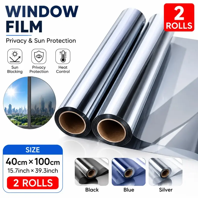 Window Insulation Film 2 Rolls 40cmx100cm, Reflective Privacy Glass Sticker, UV Protection, Single Way View, Home Office Decor
