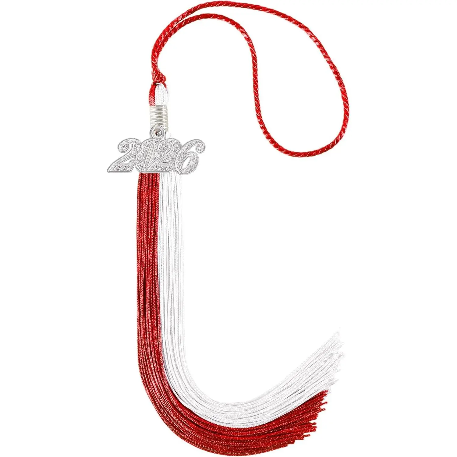 Women's Graduation Accessories 2026, 9" Double-Color Red and White Tassel with Silver Year Charm