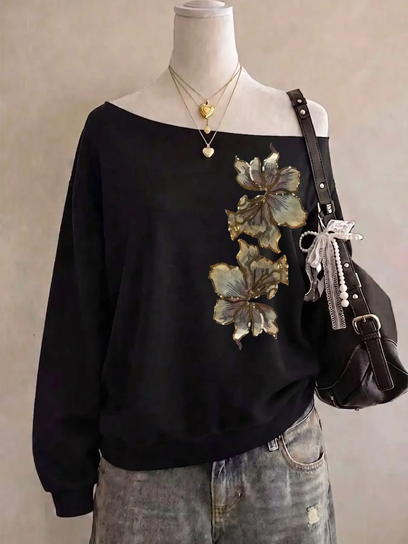 Y2K Elegant Off Shoulder Long Sleeve Sweatshirt, Stylish Floral Print Design Loose Slash Neck Top, Soft Casual Shirts for Fall Daily Streetwear & Dating Occasions