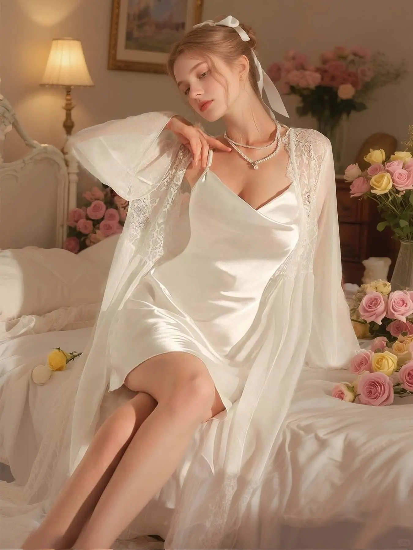 Satin Strapless Nightgown + Lace Robe Set, French Romantic Style, Bride/home Wear Sleepwear Loungewear for Women, Elegant Chic Two-Piece Set