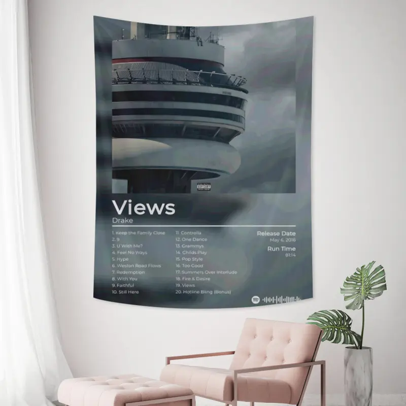Drake singer Views Album Tapestry - Grey Giant Urban Modern Tower Observatory Observation Deck Poster Wall Hanging, Hip Hop Rap Music Tracklist Fabric Banner, Minimalist Room Decor Dorm