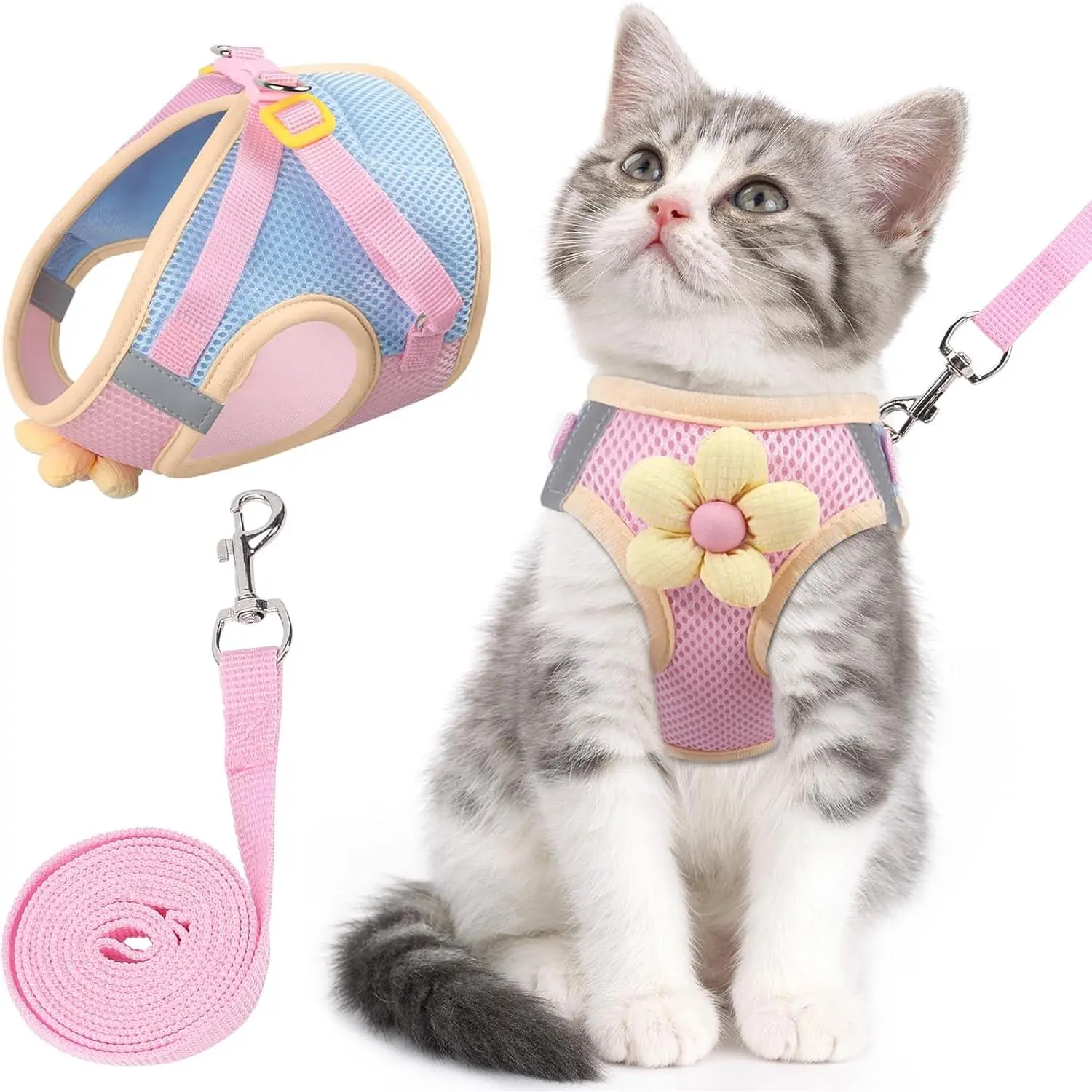Harness and Leash Set for Walking Escape Proof, Adjustable Kitten Harness Breathable Mesh with Reflective Strips Harness with Flower for Kitty Puppy Bunny
