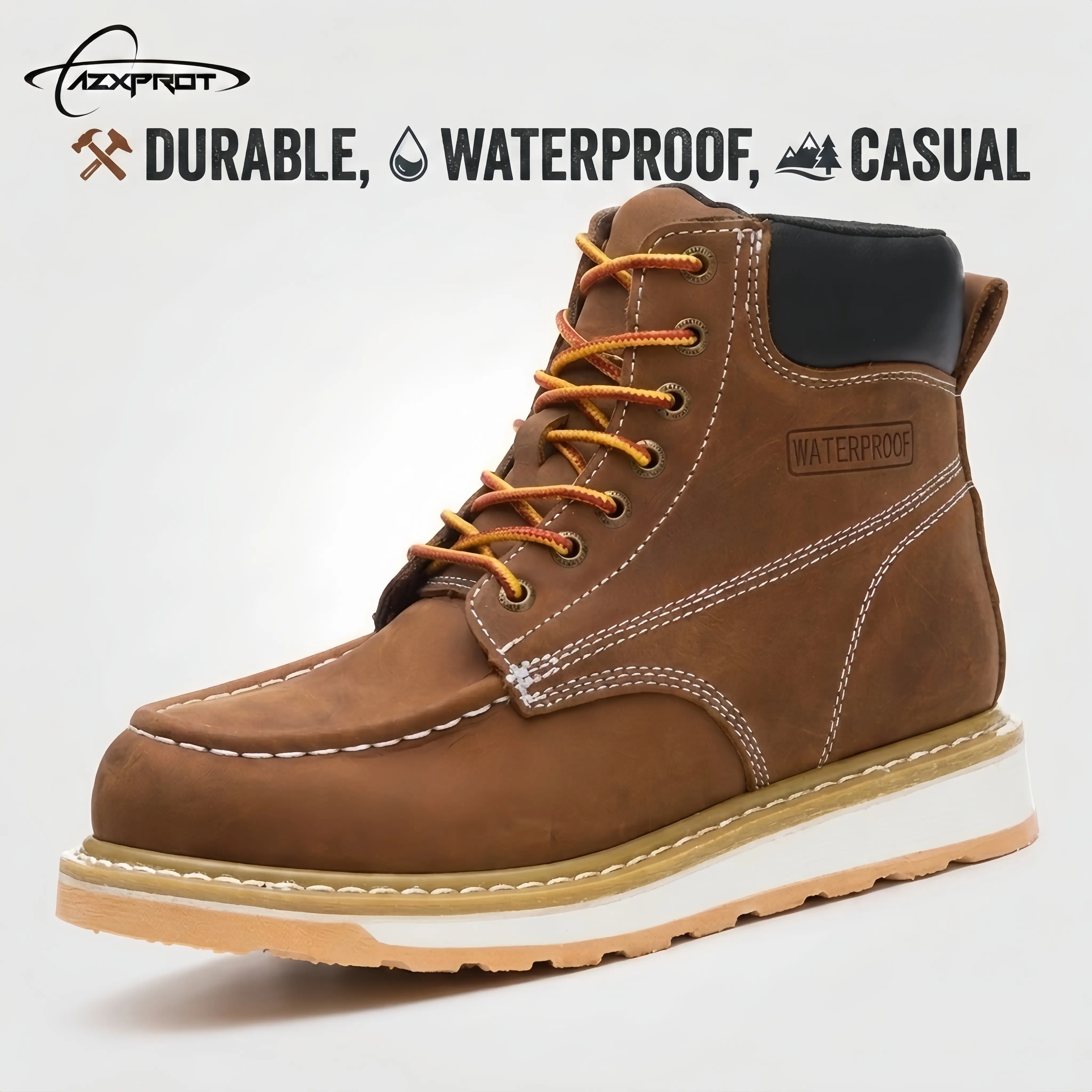 AZXPROT Men's Work Boots, Waterproof Genuine Leather Round Toe Ankle Boot with Cushioned Support and a Slip-Resistant Lightweight Wedge Sole, Workwear, Cowhide, Plain, Construction Shoes, Footwear, Closed, Work Wear, Outdoor Tasks, Walking Shoes, Hiking /