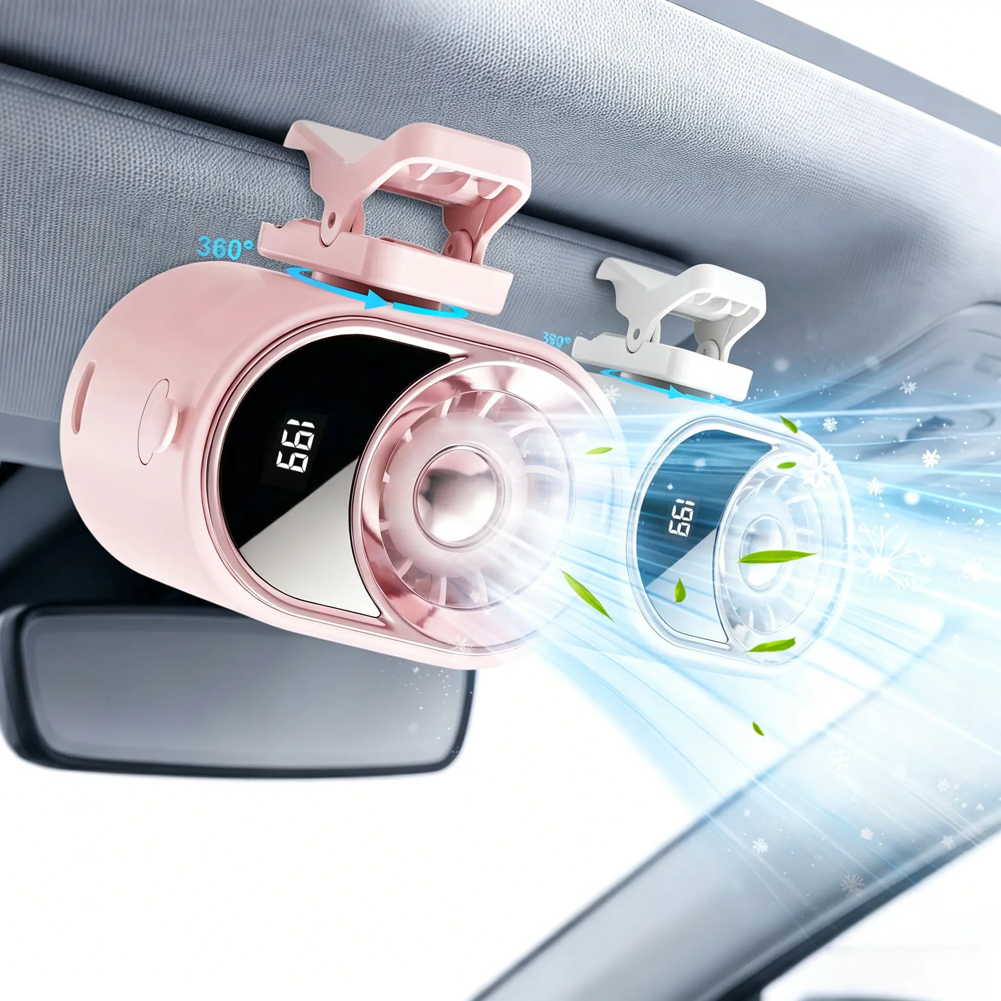 Oceantree 2026 Car's Mini Fan Clip on Fan with LED Display, 360° Rotation 199 Speed Adjustable USB Rechargeable Personal Cooling Fan, Portable Mini Fan for Auto Vehicle Travel Office