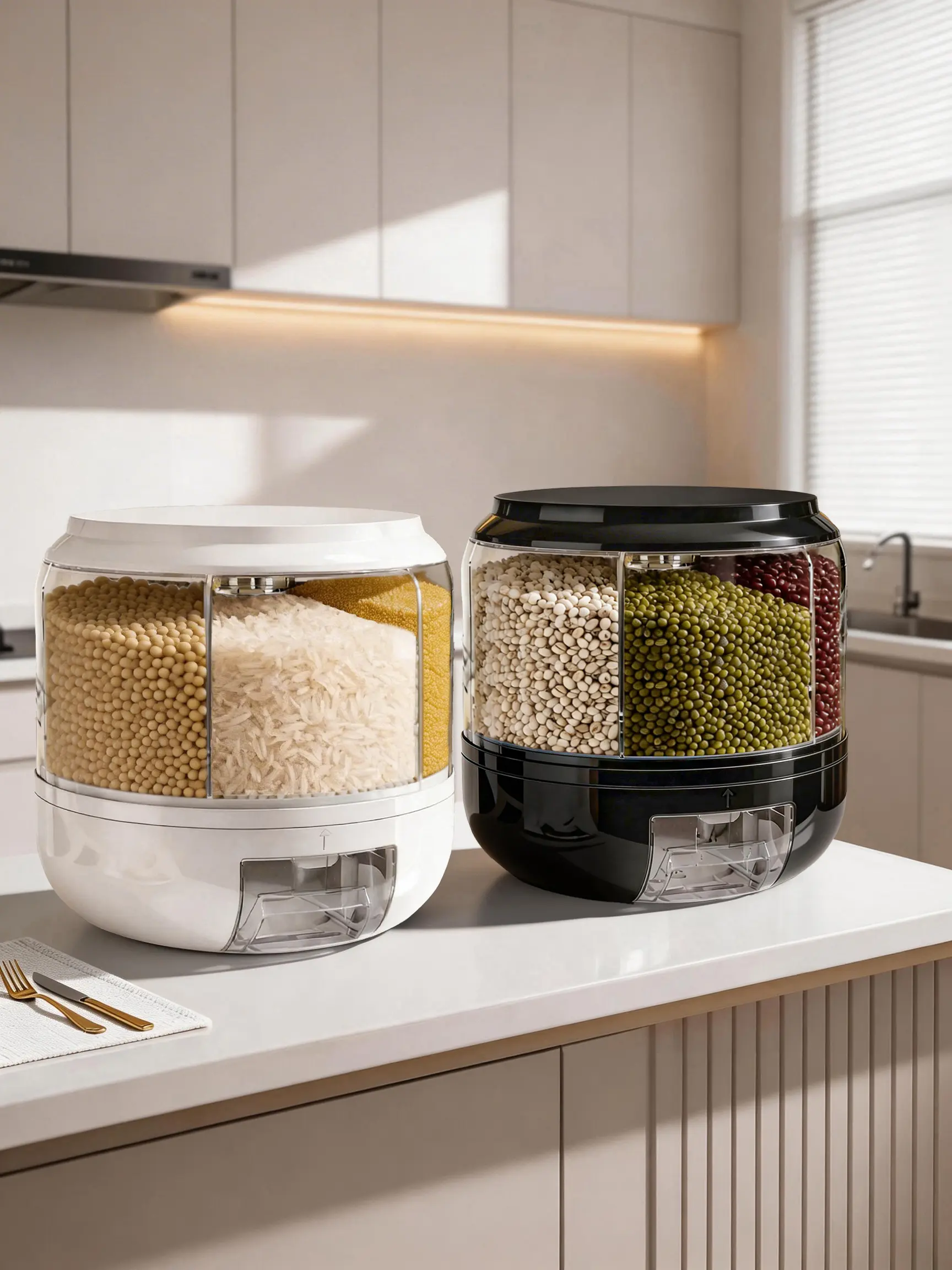 GHQ Modern Kitchen Storage Containers - White & Black See-Through Holders for Grains & Beans, Organized Pantry Organization