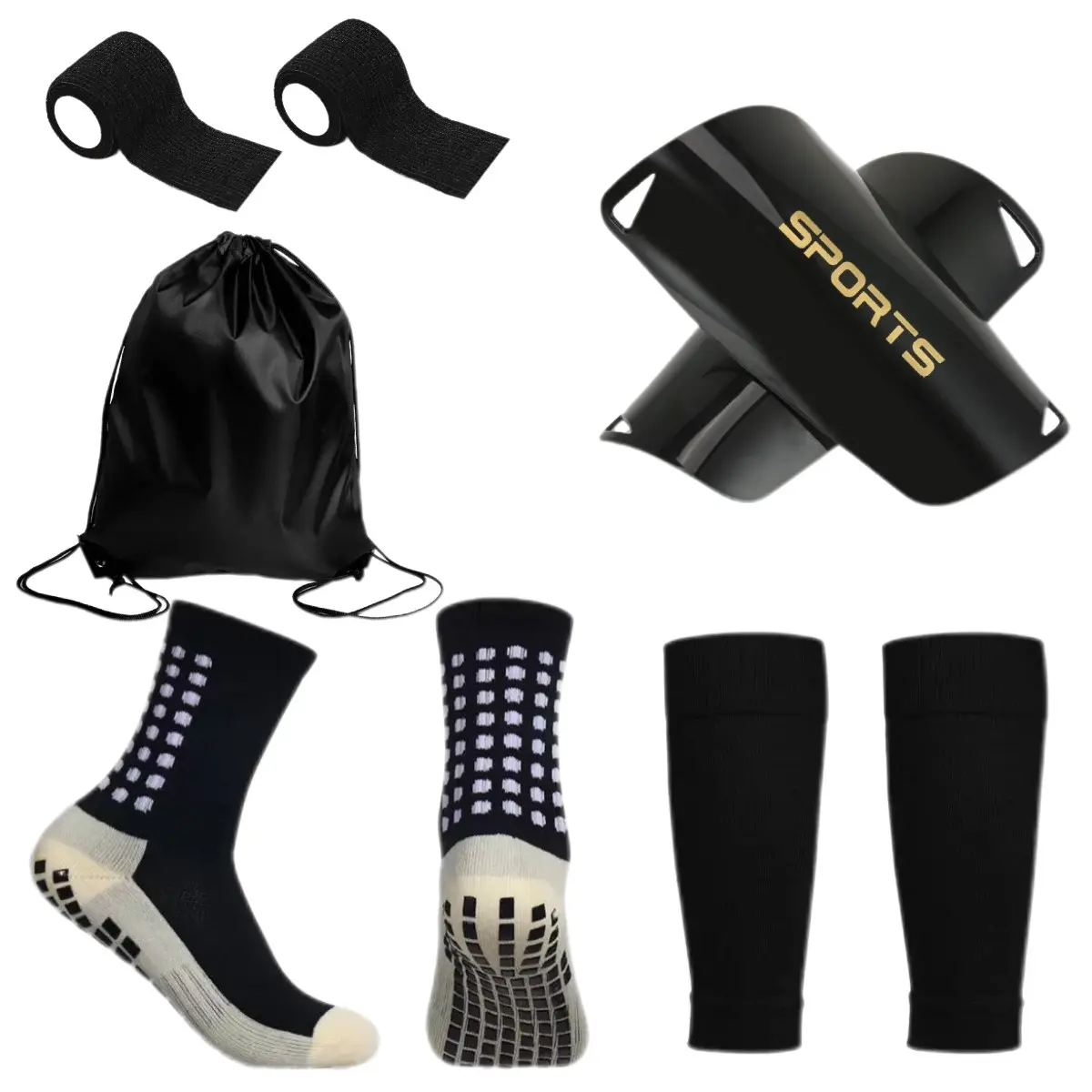 Football Sports Set 5 Piece Kit, Soccer Ball Glue Mid-Calf Socks, Shin Guards with Ankle Sleeves, Storage Bag and Bandage, Ideal for Outdoor Training