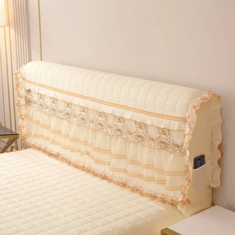 Thickened Bed Headboard Cover, Soft Padding Lace Trim, Dustproof Wooden Bed Protector, Front and Back Thickened Cotton Lining, Practical, Elegant