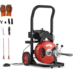 Garvee 100Ft 1/2 Inch Drain Cleaning Machine, 450W Portable Drain Cleaning Machine Auto Feed Electric Sewer Snake, Electric Drain Auger with 6 Cutter Air-Activated Foot Switch for 2" to 4" Pipes