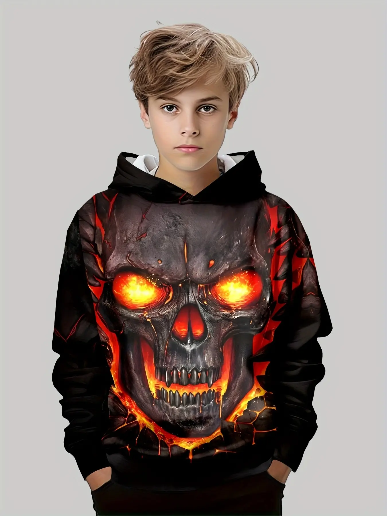 Boys' Flame Skull Graphic Hoodie, Long Sleeve Loose-Fit Sweatshirt, Trendy Casual Wear, Spring & Fall New Arrival, Kids Fashion Apparel, Graphic Print Pullover