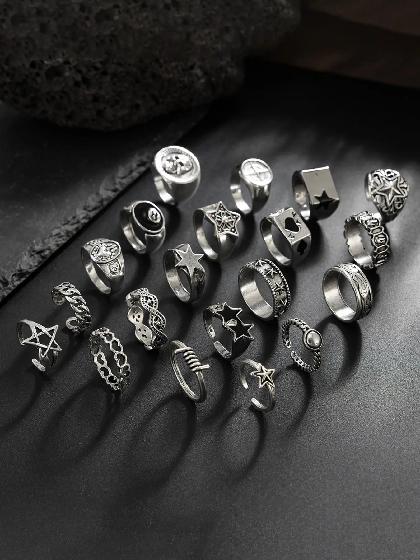 Gothic Skull Star Poker Ring Set, Punk Style Jewelry Series, 20 Piece Set, Includes Skulls, Stars, Hearts, Textured, Open Rings