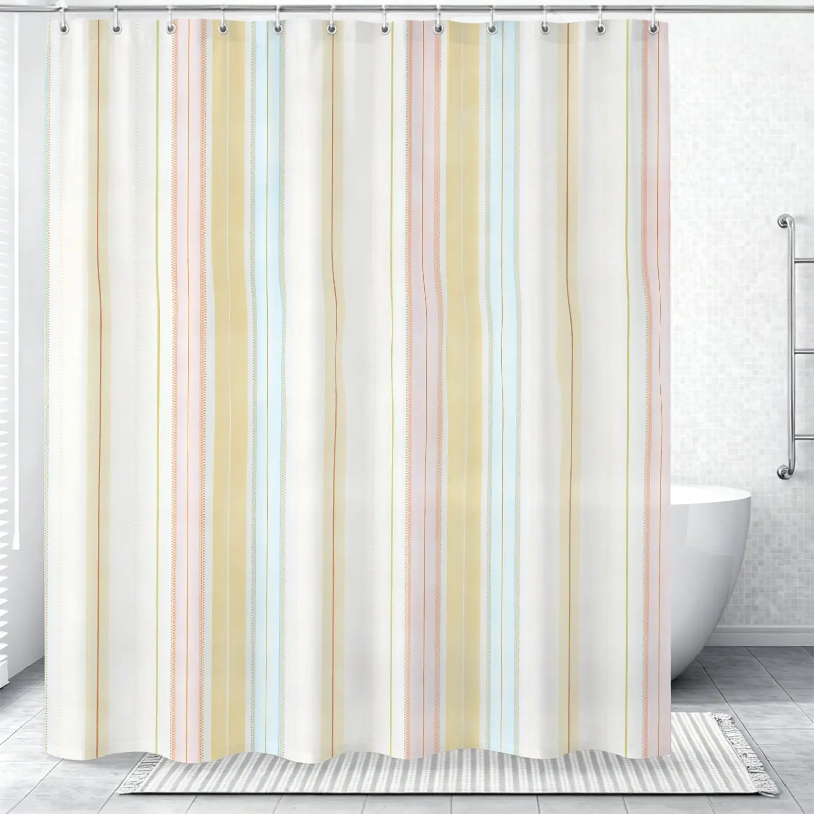 1 Piece Of Ins Style Fresh Striped Printed Shower Curtain, Made Of Waterproof And Soft Fabric With a Hanging Feel, For Personalized Decoration In Dormitories And Bathrooms