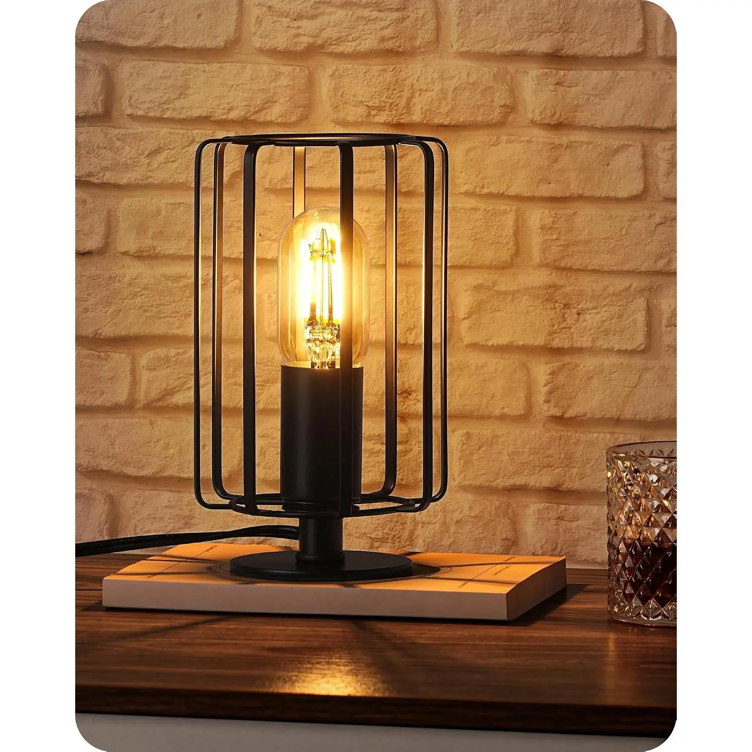 Industrial Table Lamp, 3 Way Dimmable Small Bedside Lamp, 2400K Warm Light Bulb Included, Black Vintage Cage Table Lamp, Nightstand Lamp, Edison Lamp for Bedroom, Living Room, Stury, B05TL05