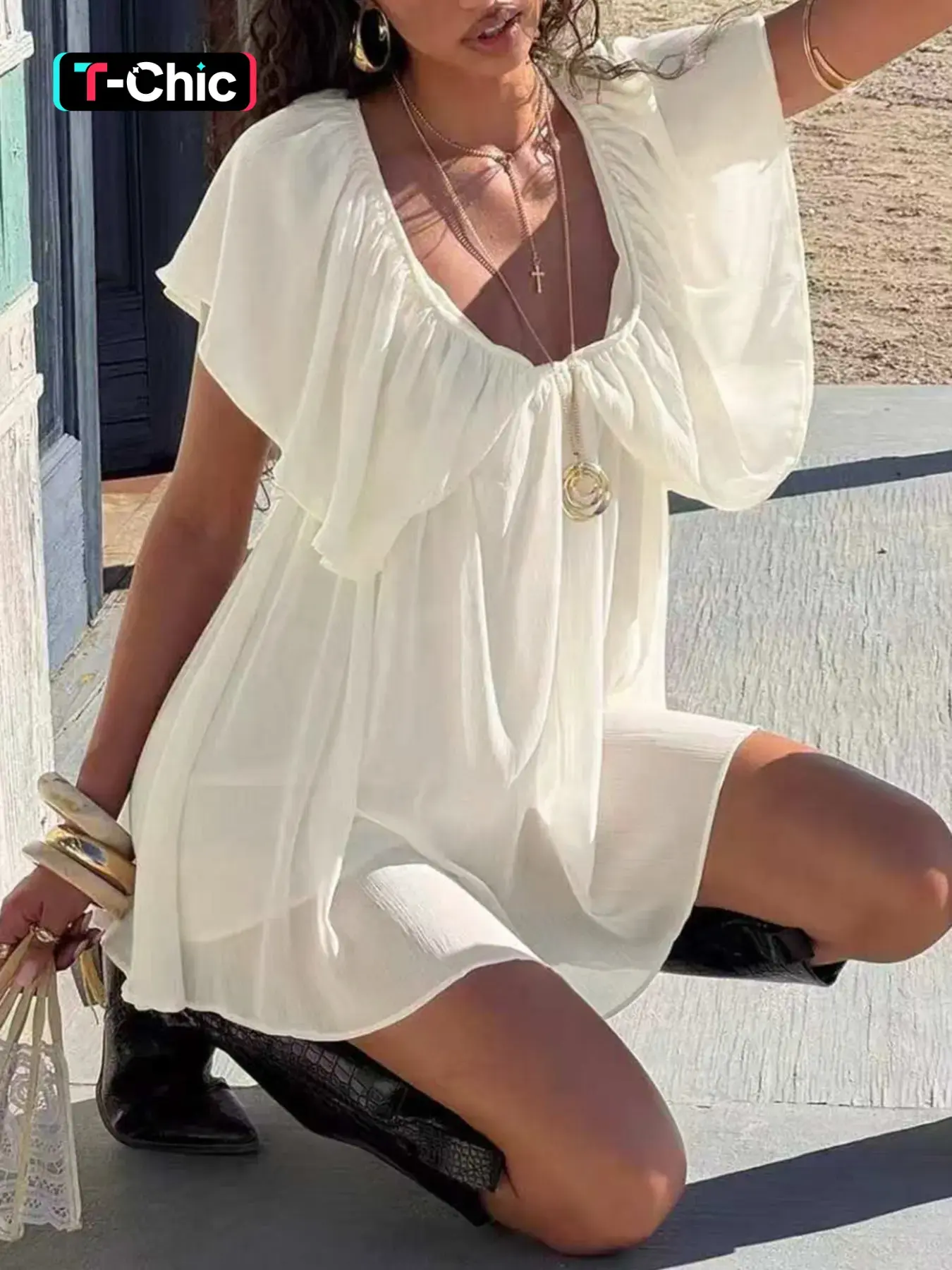 Sexy Deep V Backless Chiffon Dress Lightweight Elegant Chic Feminine Fit Daily Wear Women Ruffles Club Party Solid Mini Dress