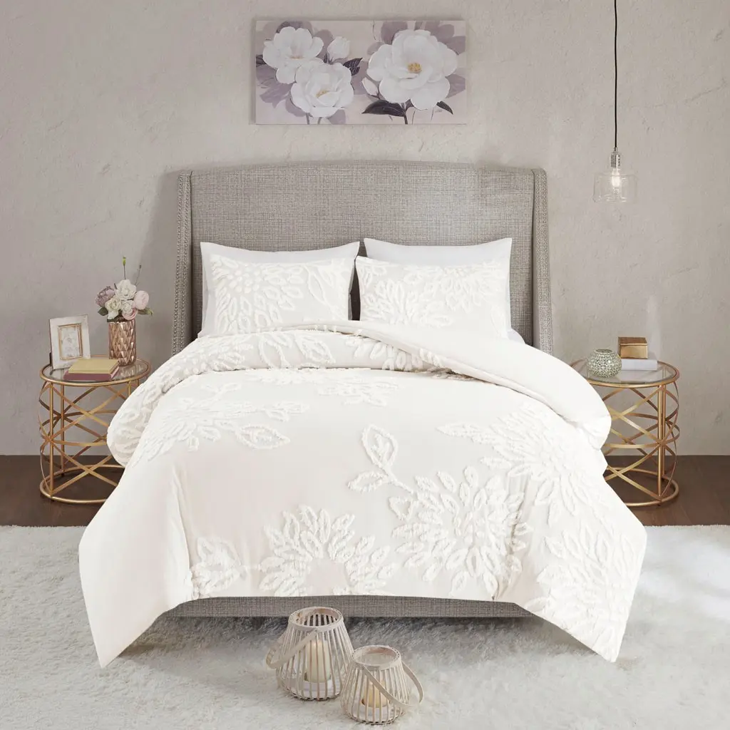 Nokaa Full/Queen 3-Piece Tufted Cotton Chenille Floral Duvet Cover Set, Soft Textured Bedding with Button Closure, Breathable Cotton Comforter Cover, Vintage Floral Print, Shabby Chic Farmhouse Bedroom Decor, Includes 1 Duvet Cover and 2 Pillow Shams