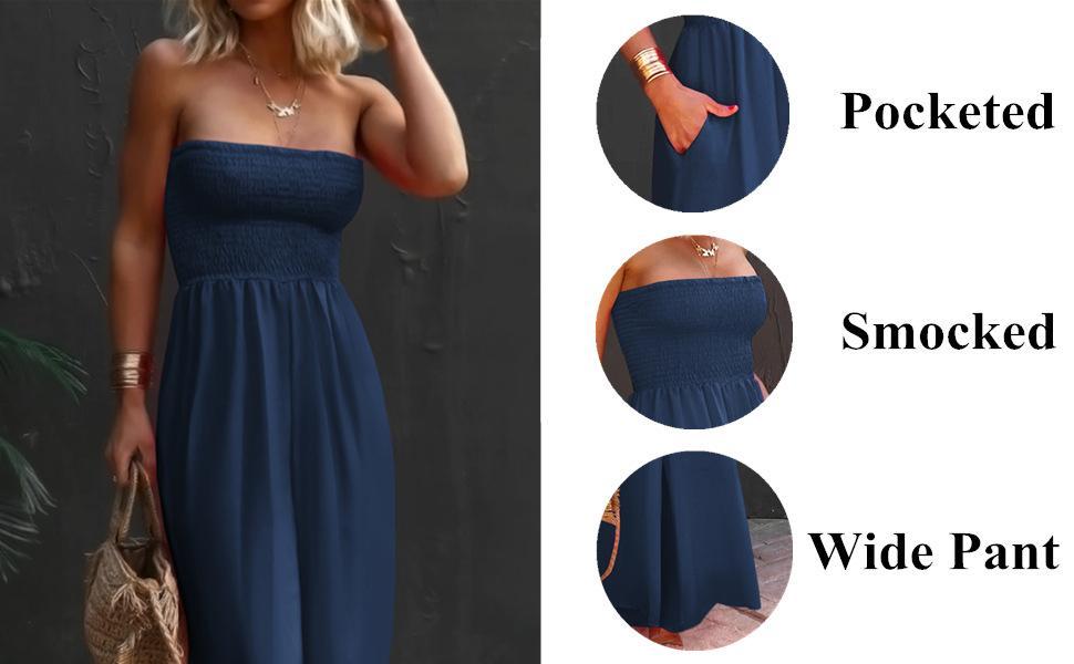 Imily Bela Womens Sleeveless Strapless Wide Leg Jumpsuits Summer Casual Loose Smocked Chiffon Jumpsuit Rompers with Pockets