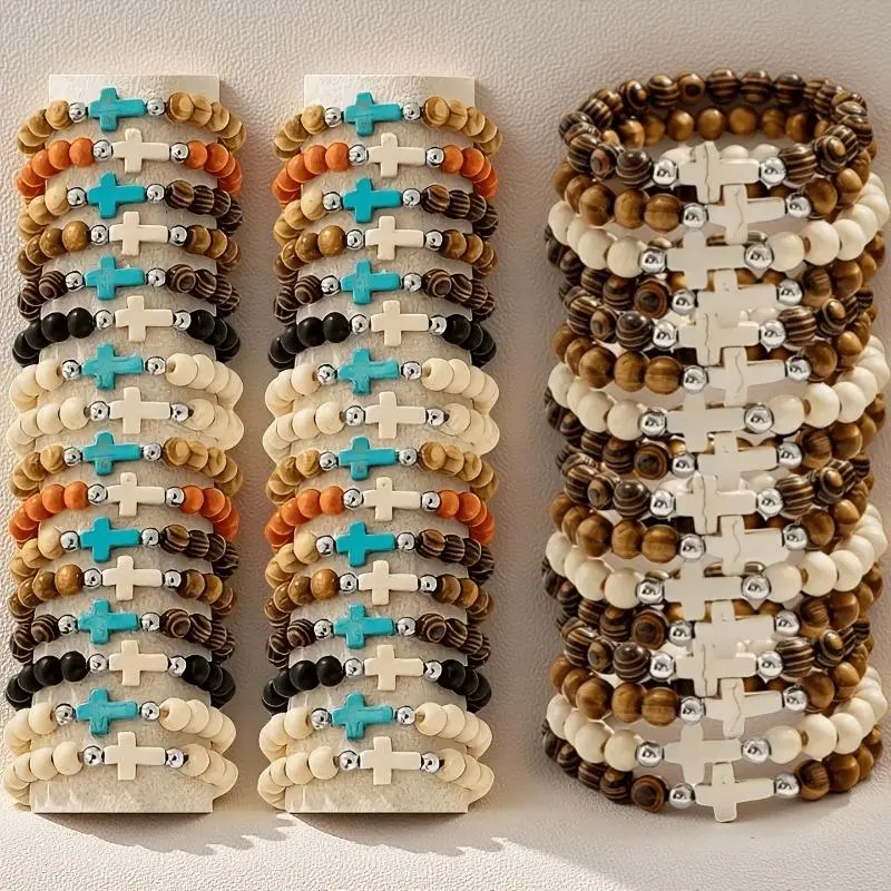Bohemian Wood Bead Bracelet Set, 48-Piece Colorful Multilayered Bangles with Cross Charms, Unisex Cultural Jewelry Gift, Bracelets, 48-Piece Mix, Bohemian Look, Stacks Set, Daily Wear