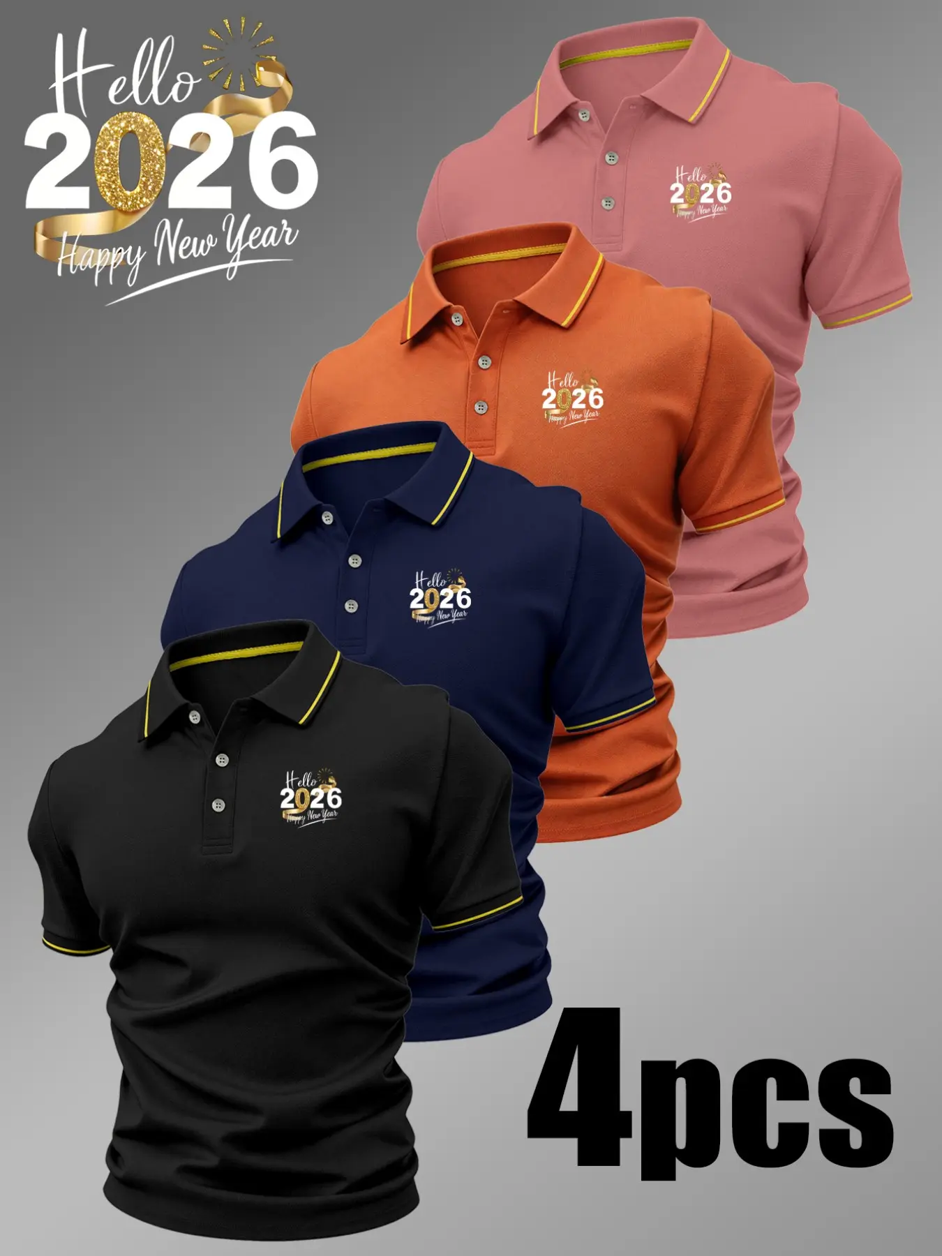 Men's Casual Fitted Printed Polo Shirts, Geometric Print, Breathable Stretch Fabric, Four-Piece Set, All Seasons Comfort