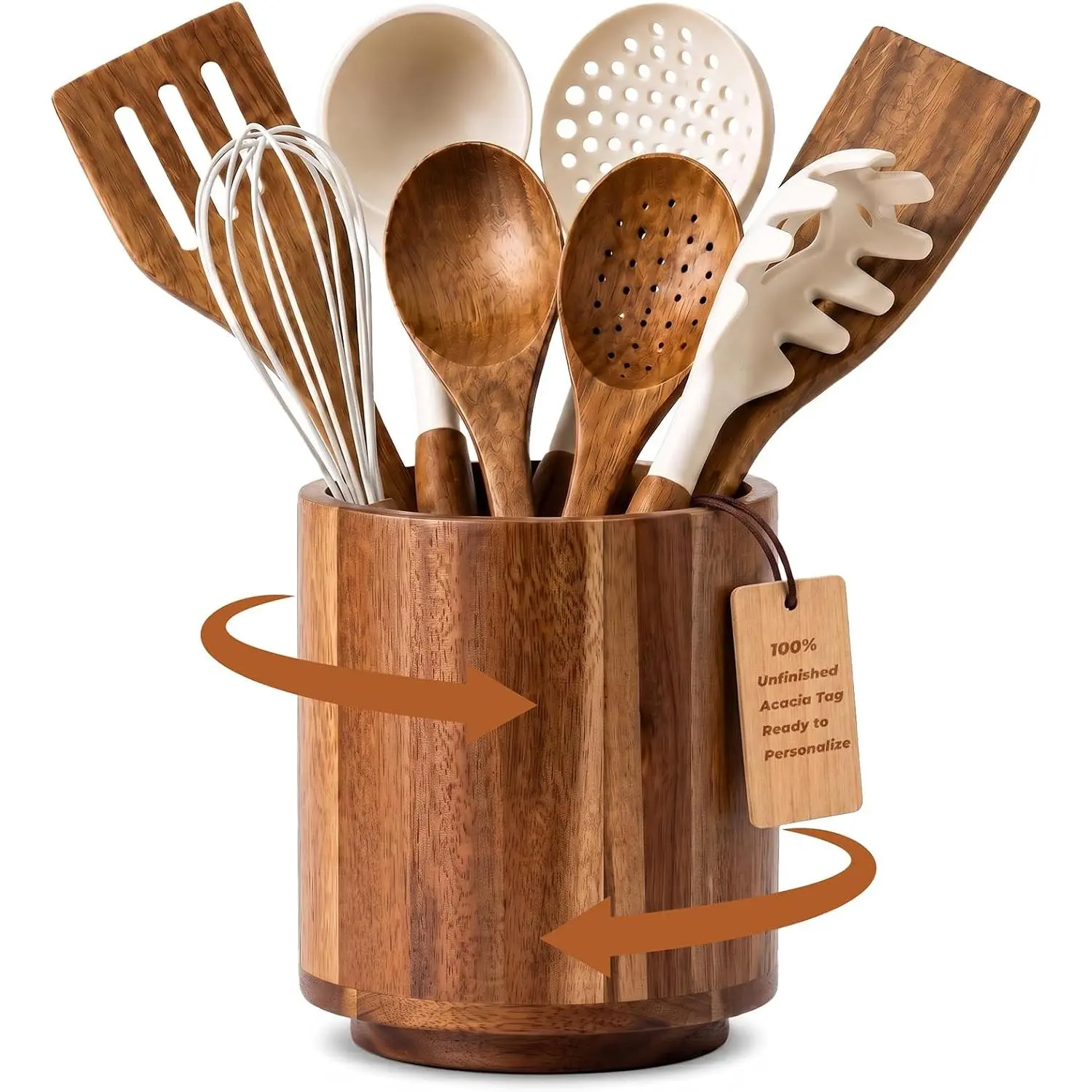 Wooden Utensil Holder, 360° Rotating Non-Slip Cooking Utensil Crock, 7.2" Large Kitchen Utensil Holder for Countertop,  Kitchen Counter Decor, Acacia  Spatula Holder,