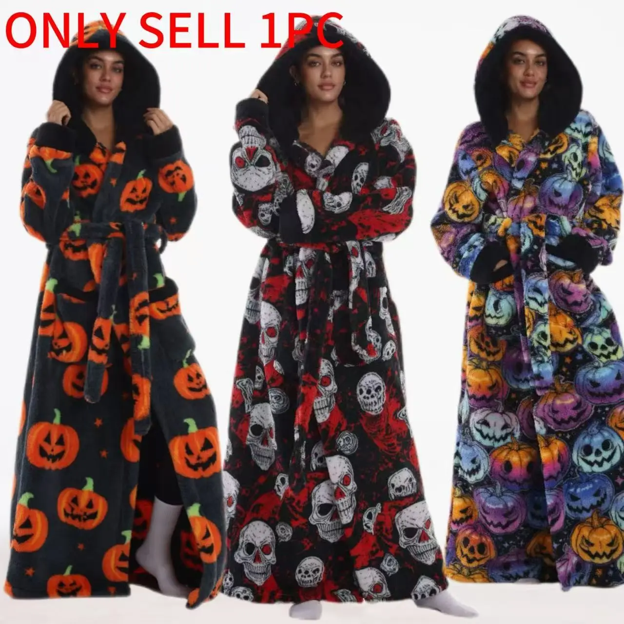 Halloween Special Thick Full-Body Print Coral Fleece Robe, Long Warm Loungewear Bathrobe for Fall Winter, with Pockets and Belt, Hooded, Unisex
