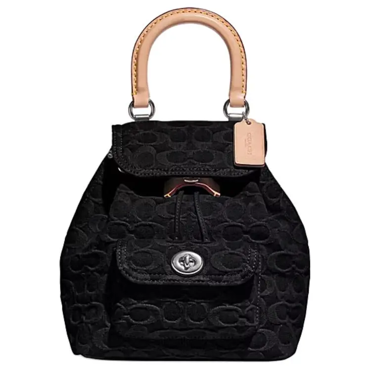 COACH Riya 23 Monogram Logo Buckle Classic Caramel Fabric Backpack, Medium, Women's, Black