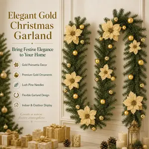 1 Pack Premium Decorative Unlit Artificial Christmas Pine Garland Multiple Sizes Available with Red Poinsettia Flowers and Red Ornament Baubles for Door Frame Fireplace Mantel Christmas Tree and Dining Table Home Holiday Decoration