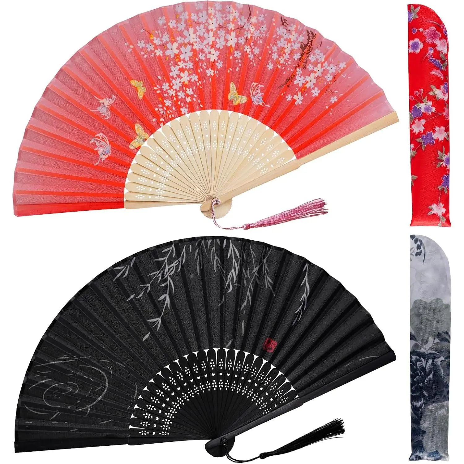 Handheld Folding Fans Floral Hand Held Fans Silk  Fans with Tassel Chinese  Hand Foldable Fan with Fabric Sleeve for Dancing Wedding Party Props Decoration (2, Black & Red)