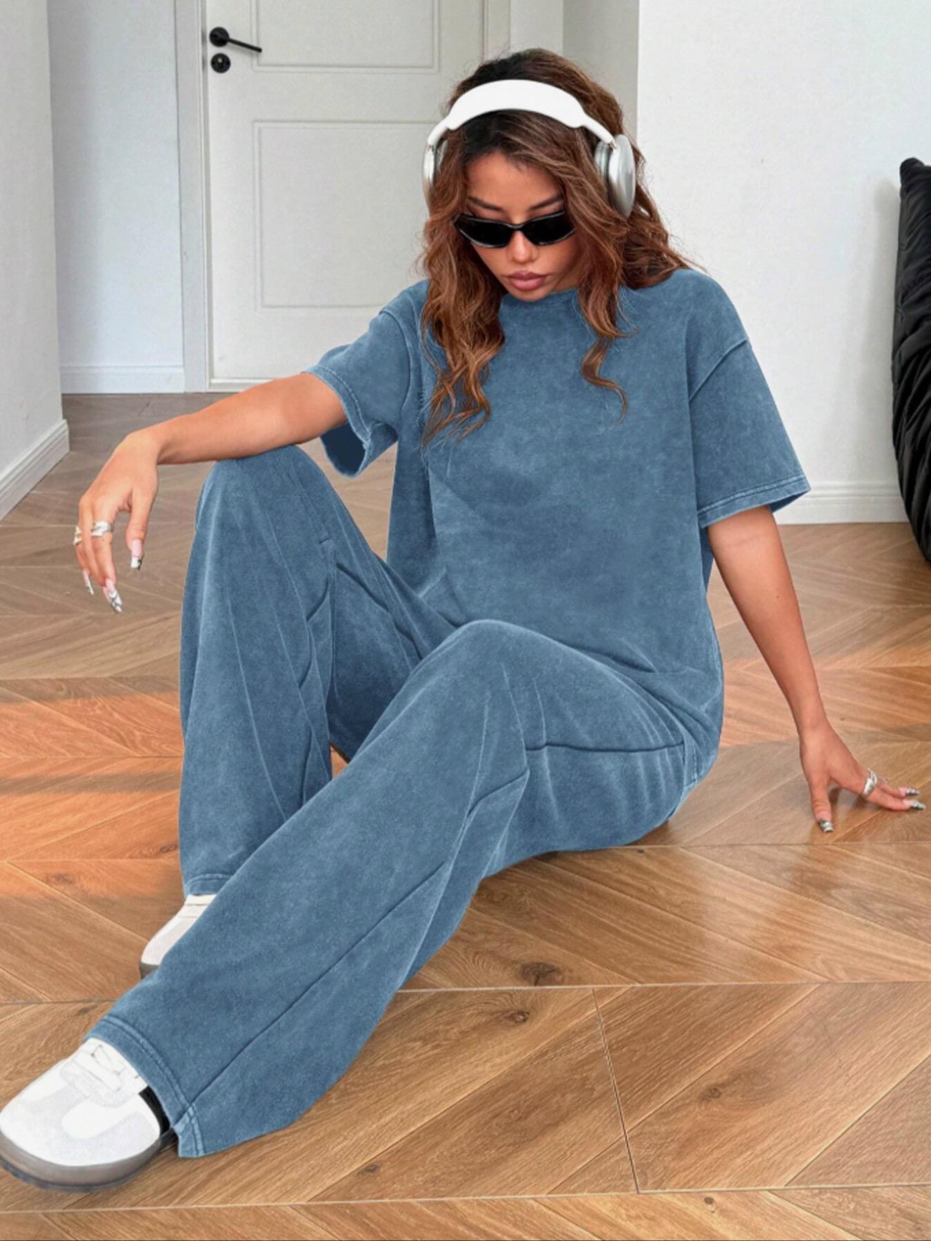Women's Casual Loose Fit Acid Washed Cotton Short Sleeve T-Shirt and Long Pants Two-Piece Set, All Seasons, Plain Style Women's Casual Loose Fit Acid Washed Cotton Short Sleeve T-Shirt and Long Pants Two-Piece Set, All Seasons, Plain Style