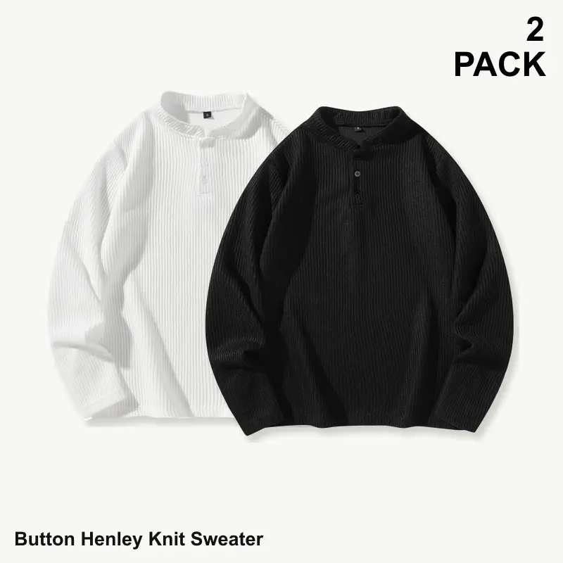 Men's Long Sleeve Henley Button Ribbed Knit Pullover Sweater, 2-Pack Mixed Assorted Solid Colors, Easygoing Streetwear Pack, Long Sleeve Textured Top, Sizes S-XXL, Group 1