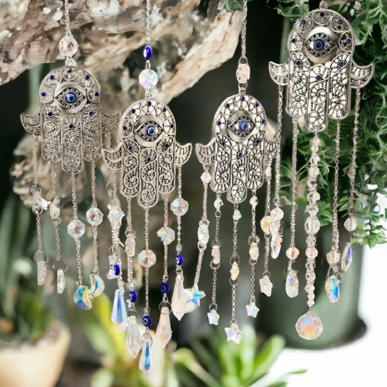 Hamsa Hand Evil Eye Palm Crystal Suncatcher Rainbow Maker - AB Iridescent Transparent Prism Window Hanging Ornament, Metal Filigree Pendant Decoration, Mountable Home Window Balcony Gift with 5 Styles (Moon, Star, Teardrop), Hollow