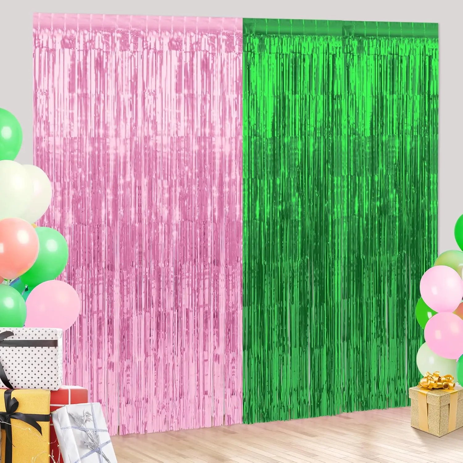 4 Pack 3.3Ft x 6.6Ft  and Green Foil Fringe Curtain Backdrop Decorations,  Metallic Tinsel Foil Streamers Curtain Photo Booth Background for  Wedding Birthday Party Decorations