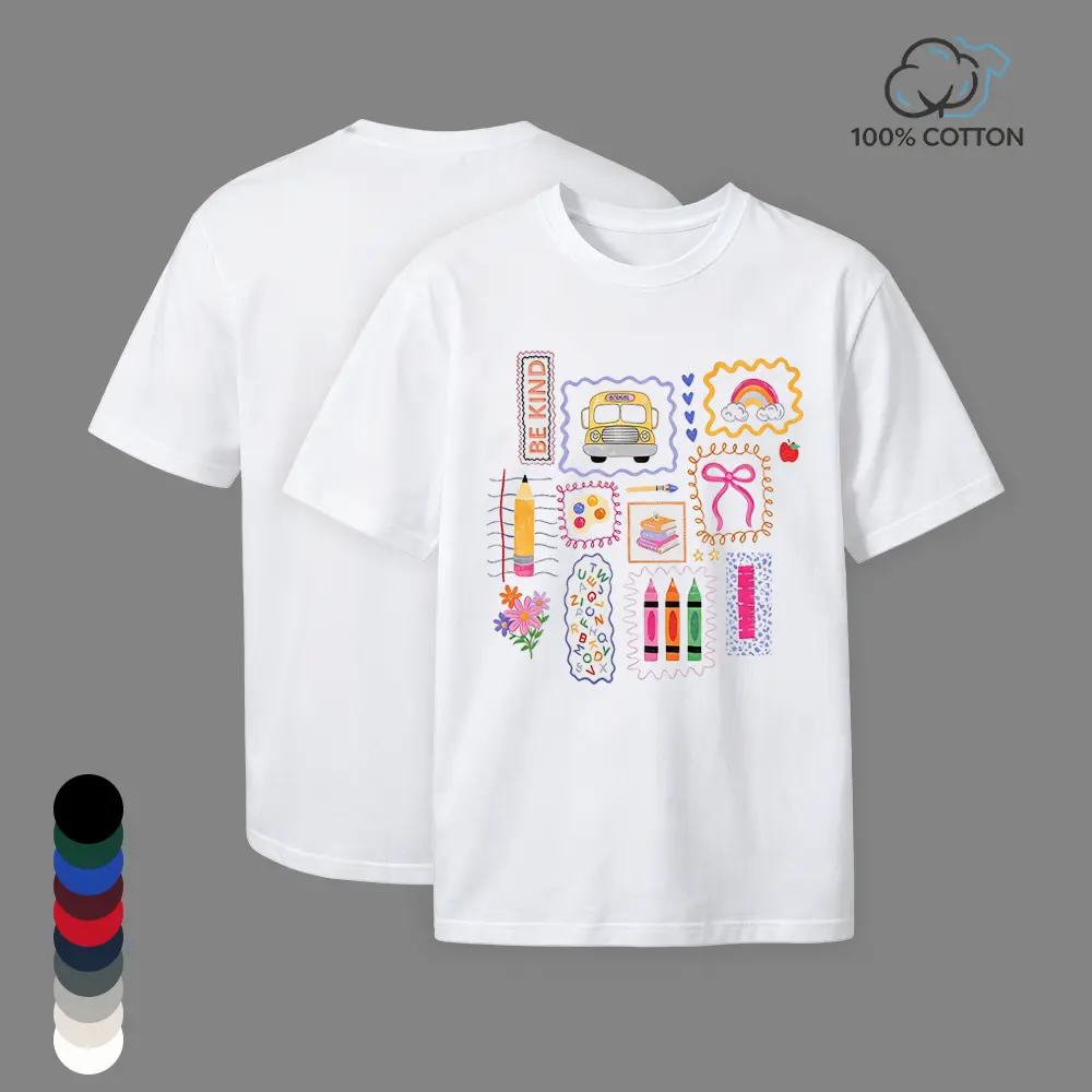 Oversized Tshirt Women Teacher Doodle Collage Be Kind School Supply Graphic Tee, Vintage Graphic Tees Rainbow School Bus Crayon Bow Print Camisetas de Mujeres, Back To School Elementary Soft Cream Short Sleeve Crew Neck T Shirt