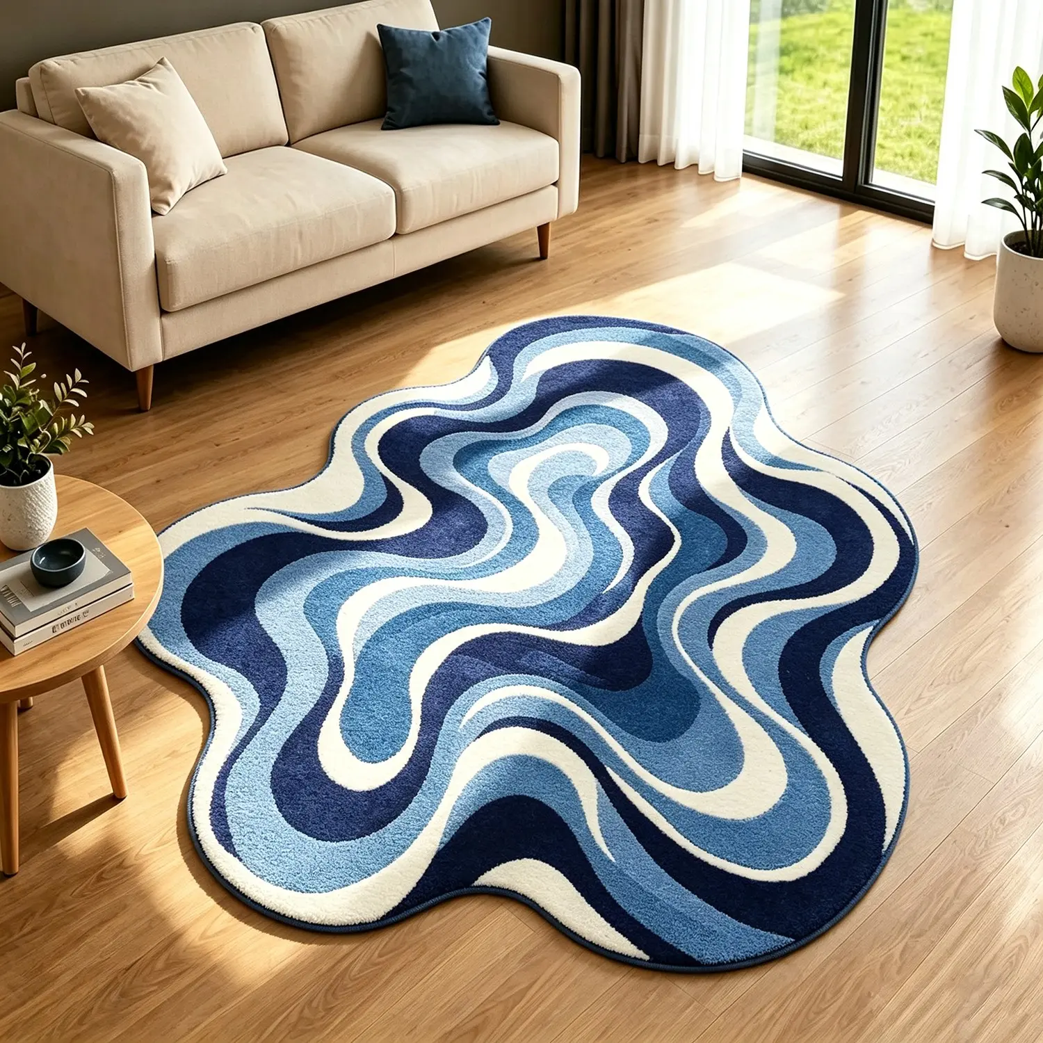 Artistic Flow Curve Rug, Modern Nordic Style, Hand Washable, Blue Color, Perfect for Living Room, Bedroom, Office, Holiday Gift