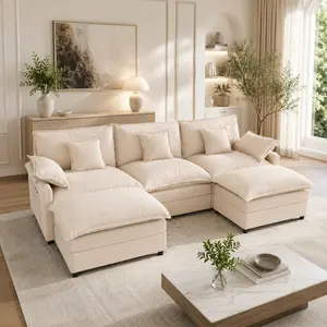[2 Packages Shipping]GOSUHI 108" U-Shaped Modular Sectional Sofa - Comfy Cloud 3-Seater with 2 Movable Ottoman, Cloud Sofa,Deep Seat Linen Couch for Living Room, Beige Color ,Comfort & Stylish Design,Chenille pink