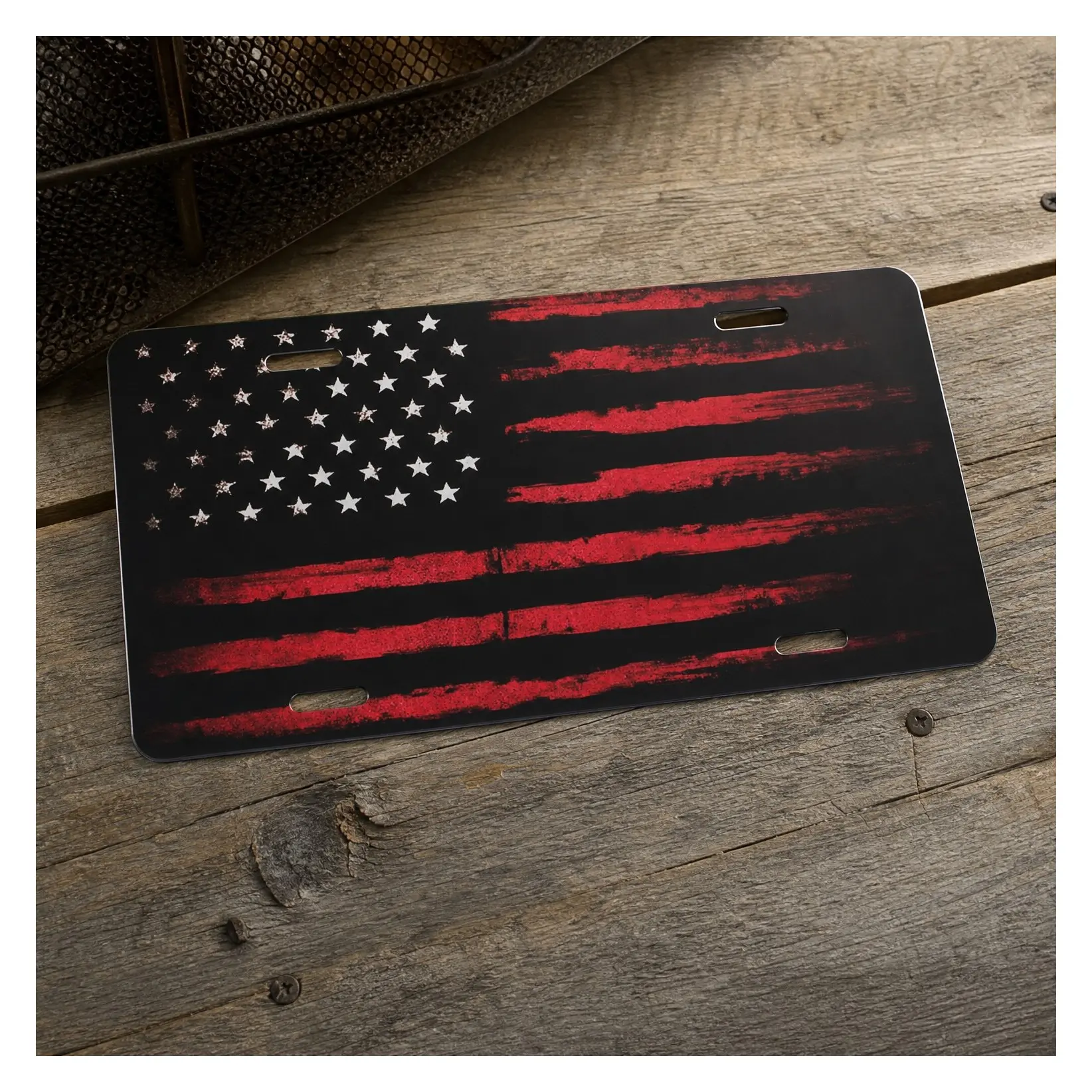 American Flag Black Red Front License Plate Cover - Rust-Proof Aluminum Metal Novelty Vanity Tag for Men & Women, 6x12 with 4 HolesGift