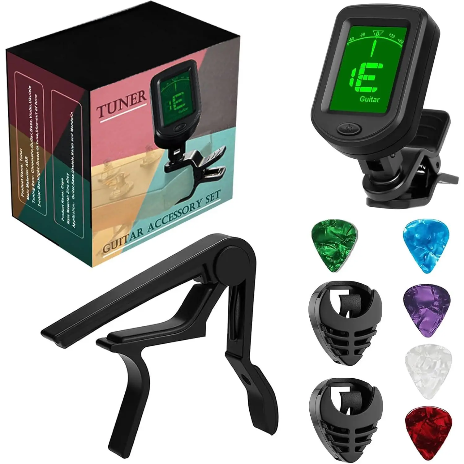 Guitar Clip- Tuner and Capo Set with 5 Picks & 2 Holders | Complete guitar maintenance kit: 1 digital tuners, 1 quick change capo, 2 handy pick holders, and 5 colors picks for practice