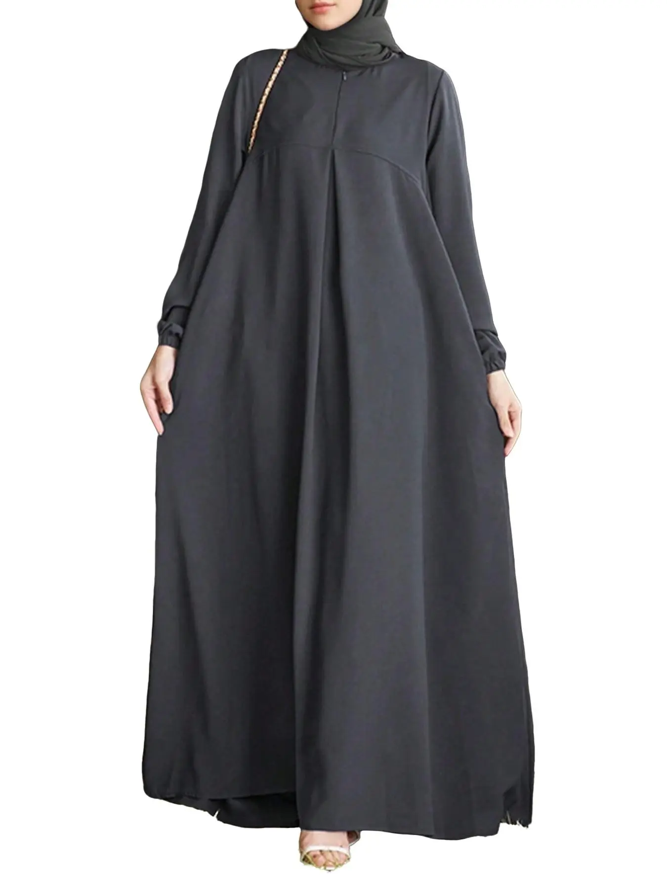 Muslim Abaya Dress, Solid Color Half Open Front Elastic Sleeve Loose Long Dress, Breathable Simple Design, Middle Eastern Muslim Women